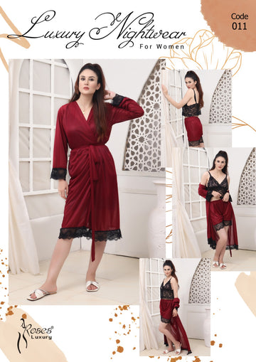 Roses Luxury 3-Piece Gown Nightwear Set