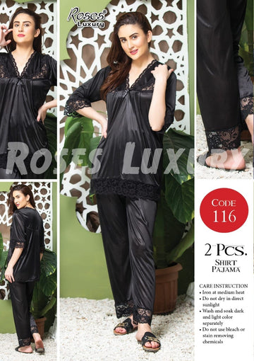 Roses Luxury 2-Piece Satin Lace Shirt Pajama Set