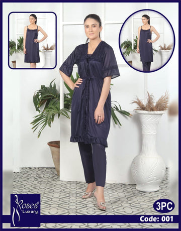 Roses Luxury 3-Piece Satin Nighty Set